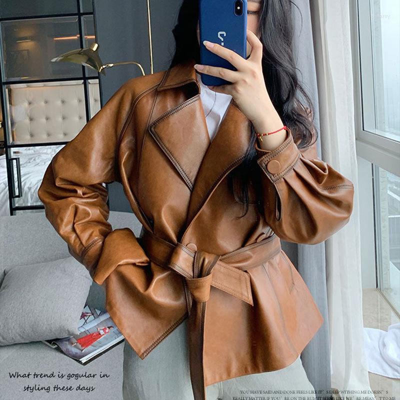 

Women's Leather Wax Oil Jacket High Quality Goods Women Sheepskin Short Trench Coat V-neck Strap Waist European Style Chaqueta Mujer, Black