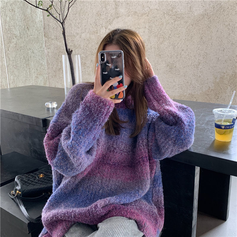 

Women's Sweaters Retro Japanese thick sweater loose lazy female outer wear tie dye gradient color winter women knitted 221207, Navy blue