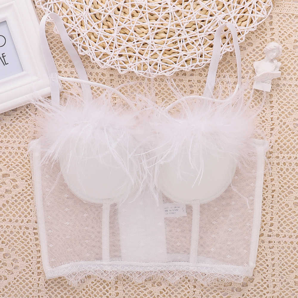 

Lace mesh suspender vest women wear stage style hollowed out backless sexy real feather bra women, Black2