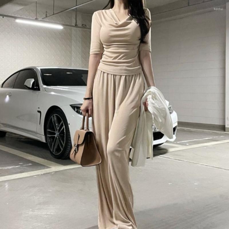

Women's Two Piece Pants Korean Elegant Slim Half-sleeve T-shirt Women Wide-leg Trousers Casual Versatile Cozy Sets Womens Outifits, Beige
