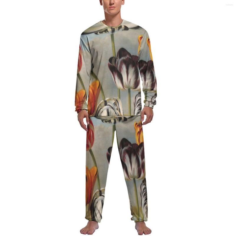 

Men's Sleepwear Flower In A Landscape Pajamas Autumn 2 Pieces Vintage Variegated Cute Pajama Sets Man Long Sleeves Home Graphic Suit, Style-14