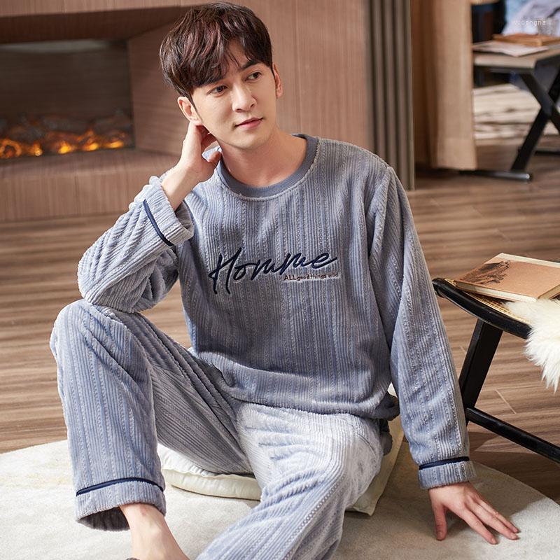 

Men's Sleepwear Men Pajama Set Coral Fleece Letter Pajamas O-Neck Flannel Homewear Autumn Winter Warm Pijamas Hombre Casual Suit 3XL, Lx-71608 night blue