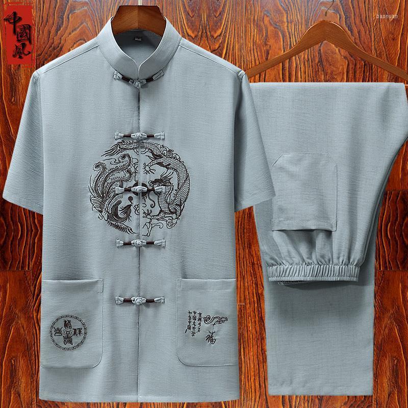 

Ethnic Clothing Hand Button Cotton And Linen Men Tang Suit Short Sleeve Traditional Mandarin Collar Vintage Embroidery Kong Fu