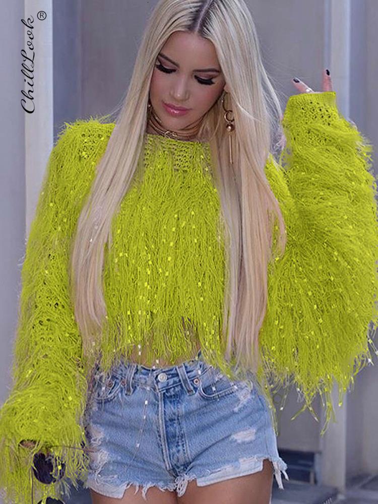 

Women  Sweaters Knitted Tassel Women Pullover Sweater Solid Handmade Long Sleeve O Neck Short Party Fringe Female Streetwear Tops 221206, Yellow
