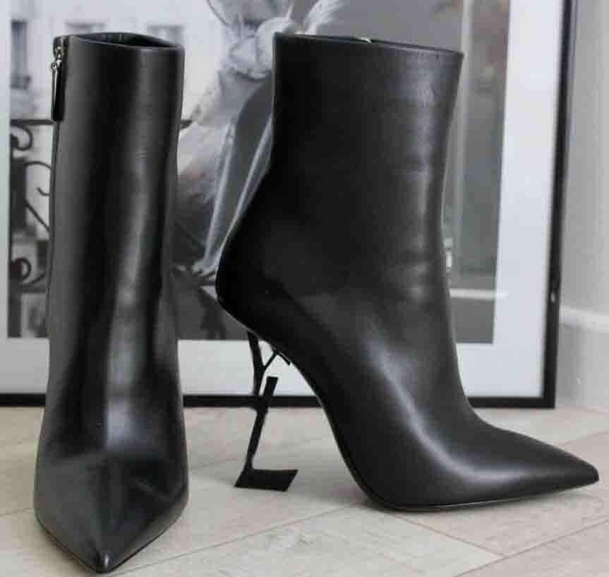 

Luxury brand design booties Women ankle boot calf leather thin Heels Opyum 110mm Famous Lady Pointed Toe Martin Booties Party Wedding side zipper, 25
