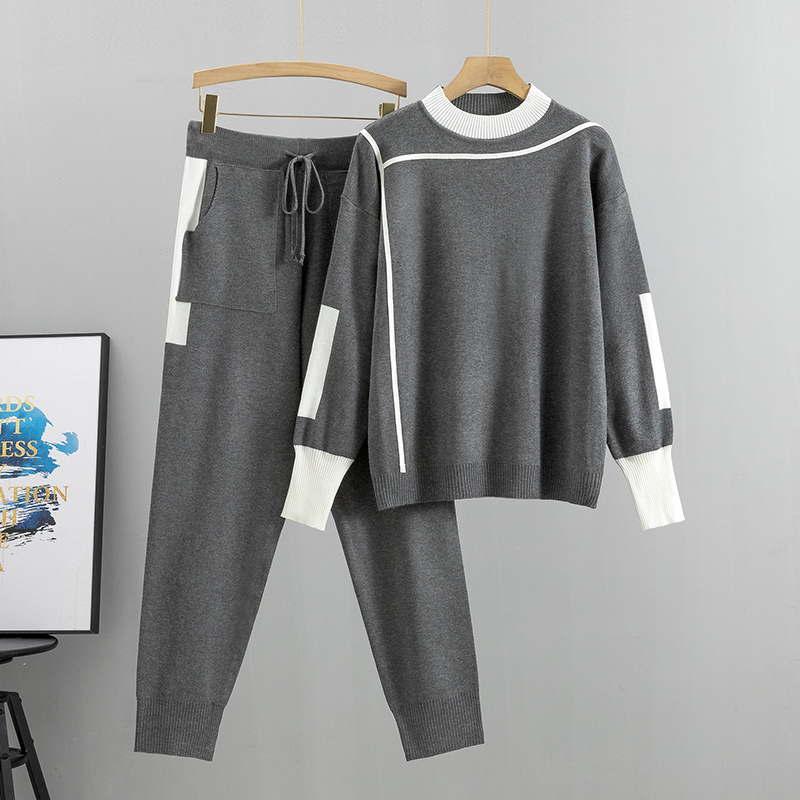 

Women  Two Piece Pants Autumn Runway 2 Pieces Set Knitted Long Sleeve Pullovers Sweater Casual Patchwork fashio Jumper Tops and Suits Spring 221206, Gray