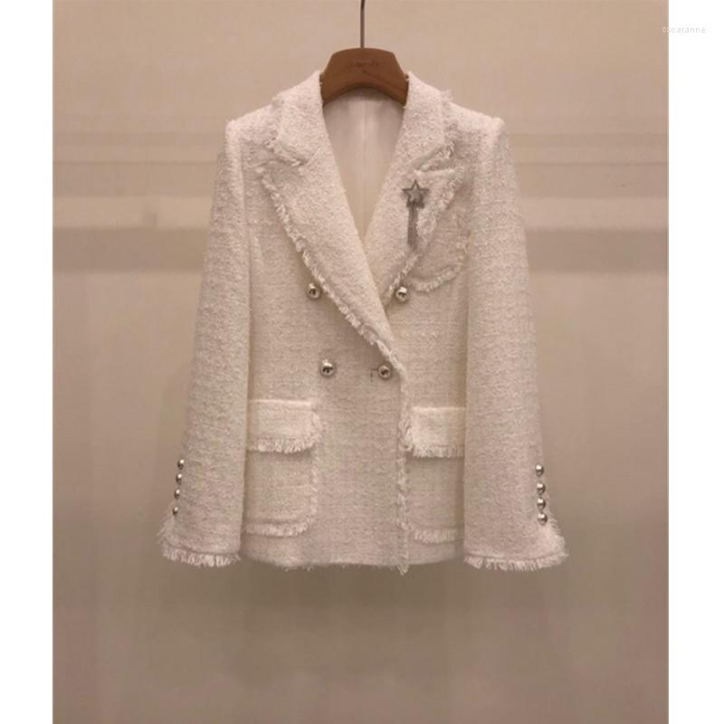 

Women' Suits Fashion Designer Women Double Breasted Fringe Tassel White Tweed Blazers Notched Collar Celebrity Slim Weave Coats B271