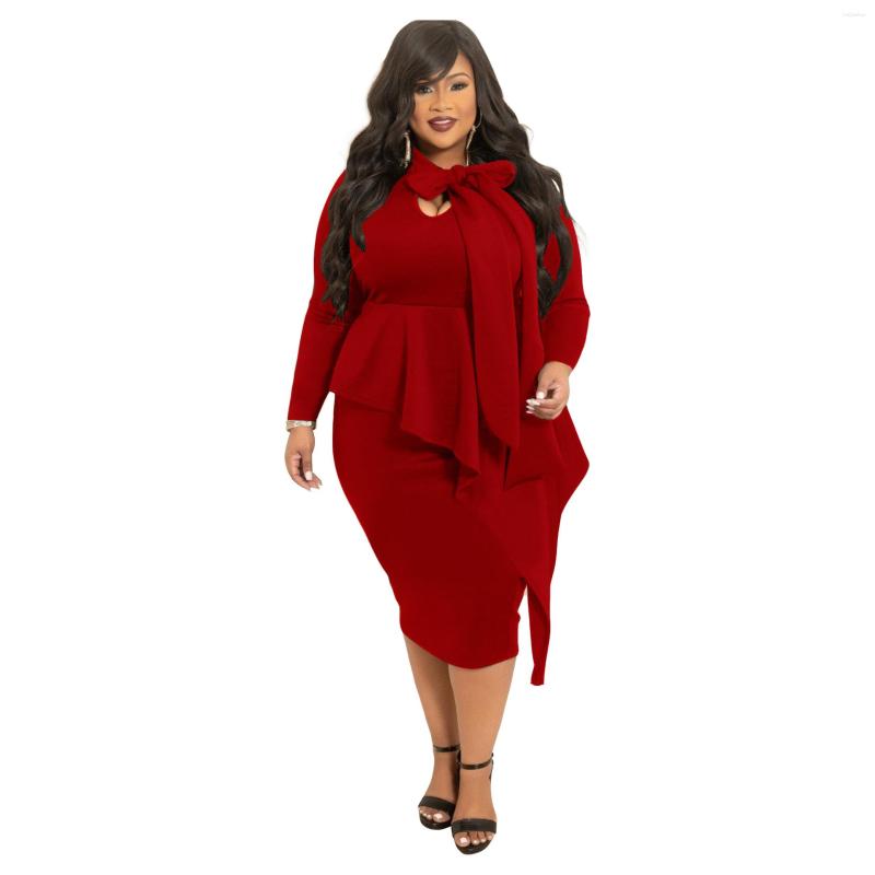 

Plus Size Dresses Women Dress Ruffle Patchwork Long Sleeve Bodycon Midi Fall Winter Office Lady Wear Large 5XL 2022, Black