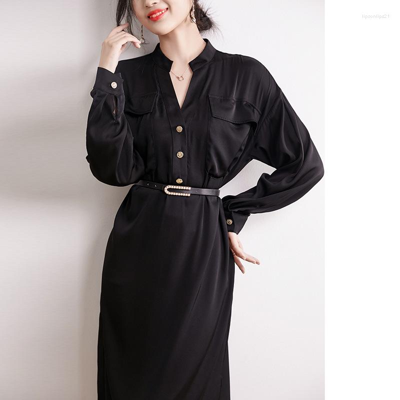 

Casual Dresses Free Express Mulberry Silk Dress Autumn Black Design Sense Loose Show Slim Slit Long Sleeves Heavy Skirt