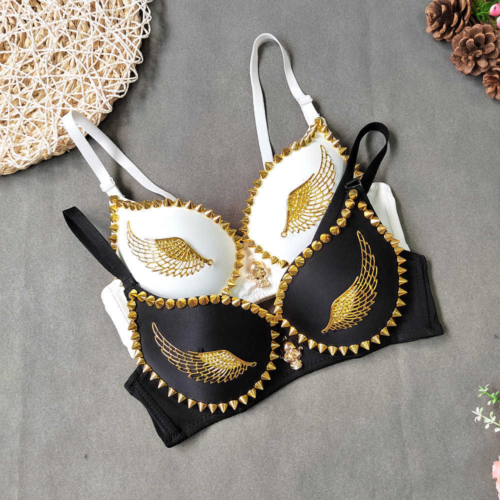 

Gold angel wings studded corset short and chest seamless large backless body shaping bullet head wolf proof V-neck strapless female, Black