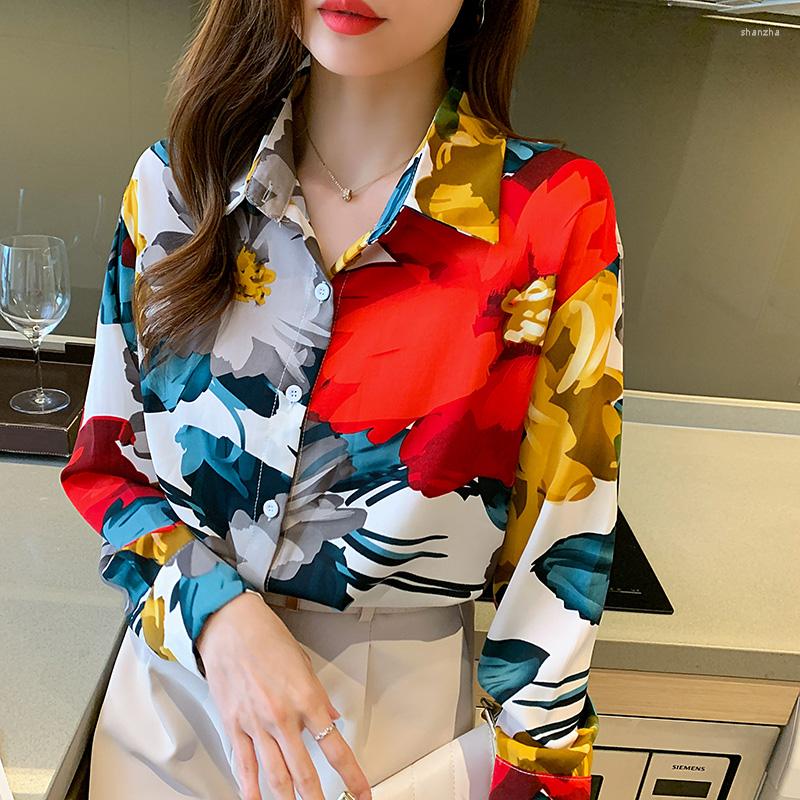

Women' Blouses Autumn Spring Women Shirt Color Contrast Long-sleeved Hong Kong Style Retro Printed Chiffon Button Up, Mixed