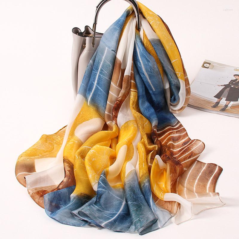 

Scarves Real Silk Scarf For Women Foulard Femme Spring Natural Shawl Print Bufandas Luxury Large Head