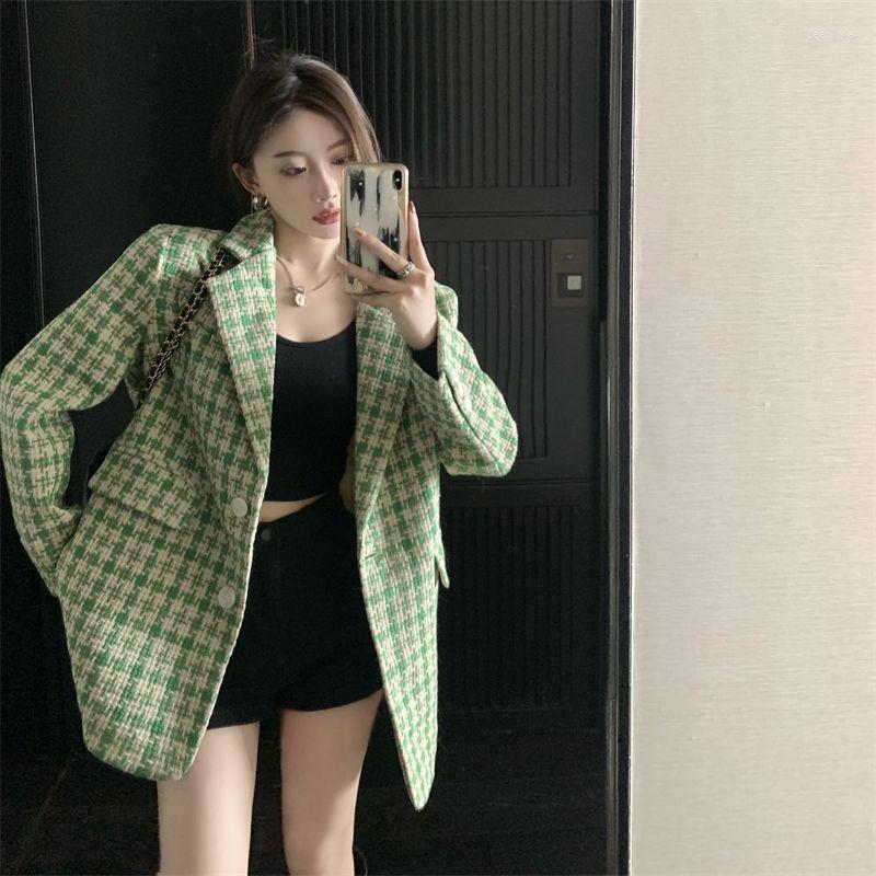 

Women' Suits Winter Women Fashion Tweed Single Breasted Black Blazer Coat Vintage Long Sleeve Pockets Female Outerwear Chic Suit Femme E842, Green