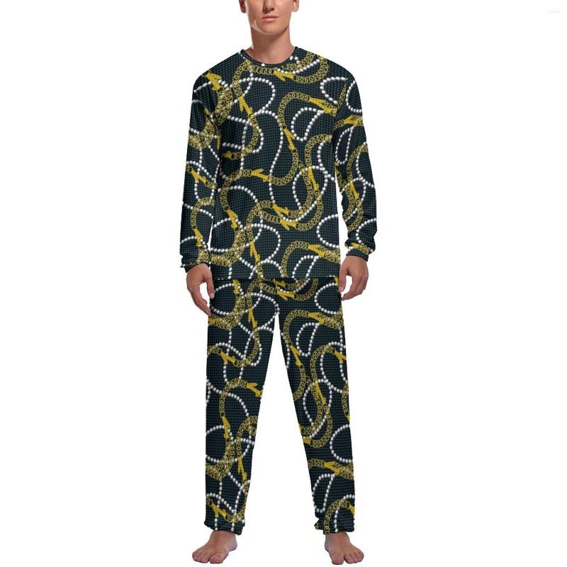 

Men's Sleepwear Gold Chains Pajamas Modern Pearls Print Long-Sleeve Romantic Set 2 Pieces Casual Daily Design Nightwear Birthday Gift, Style-15