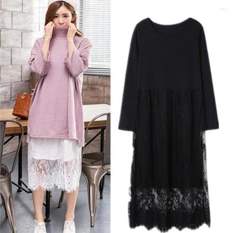 

Casual Dresses Korean Spring Summer Full Women Lace Dress Modal Patchwork High Waist Long Sleeve Elegant Vintage, Black
