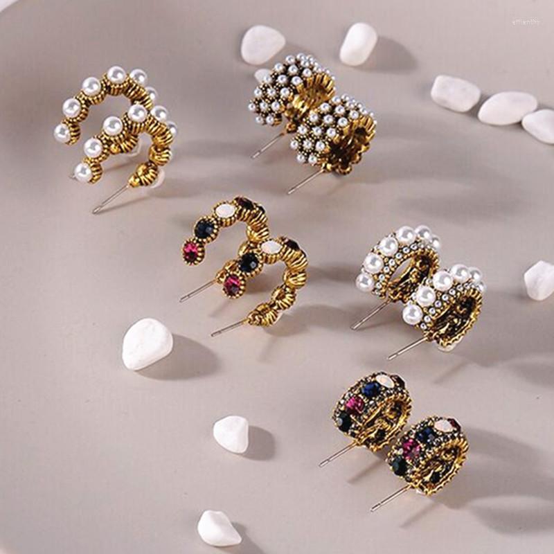 

Hoop Earrings Vintage Colorful Rhinestone Small Women Fashion Simulated Pearl Semicircle Pendientes