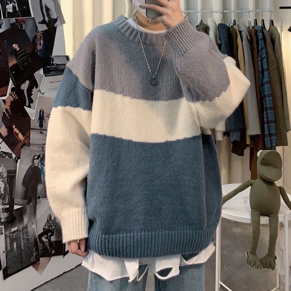 

Men s Sweaters Autumn Winter Striped Harajuku Knitted Sweater Male Round Neck Wool Jumper Men Keep Warm Thickening Pullovers Base Shirt 221206, Blue hem