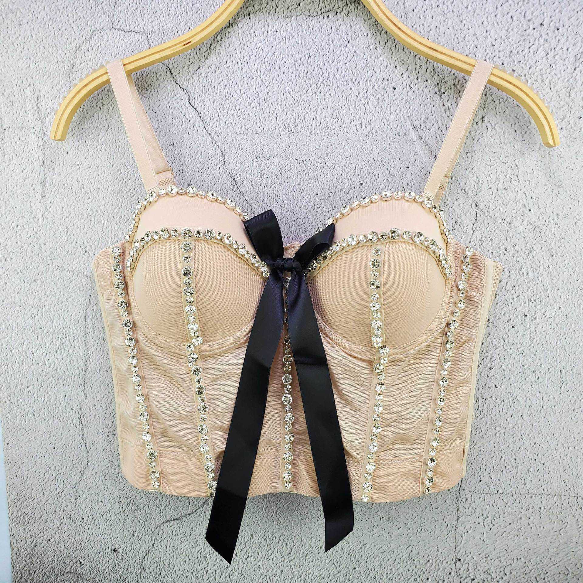 

Beautiful nail bead Rhinestone bow mesh suspender vest wearing sexy temperament design sense short blouse women, White