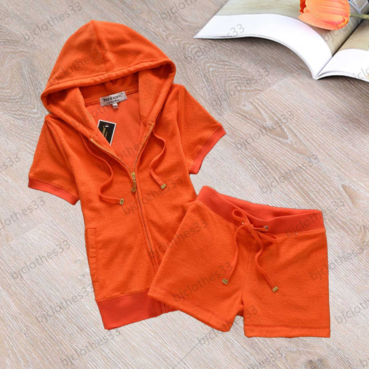 

Juicy Tracksuit Womens Two Piece Pant Solid Color Zipper Opening Hooded Short Sleeve Slim Jacket Elastic Waist Casual Shorts Sports Joker Women Apparel 9 Colors