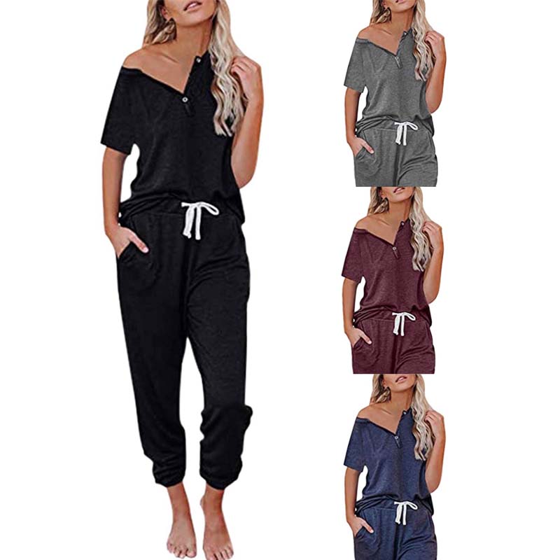 

Women' Tracksuits V-Neck Solid Short Sleeve Bandage Loose Pants Outfits, Blue