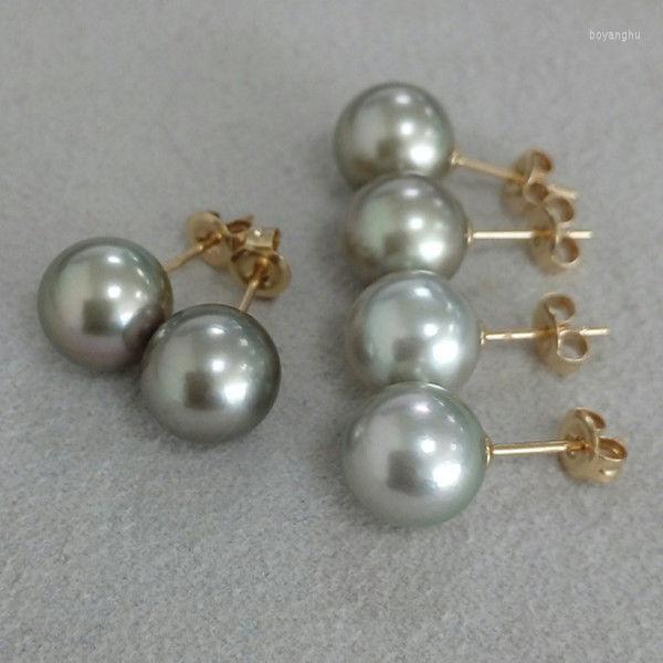 

Stud Earrings 8.9-9mm Natural Silver Green Genuine Tahitian Pearl Yellow Gold