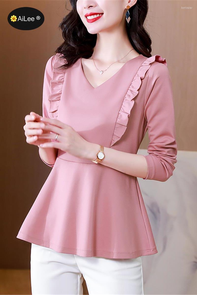 

Women's Blouses Elegant V-Neck Lace Ruffles Blouse Women's Clothing Autumn Oversized Loose Casual Tops All-match Commute Office Work, Pink