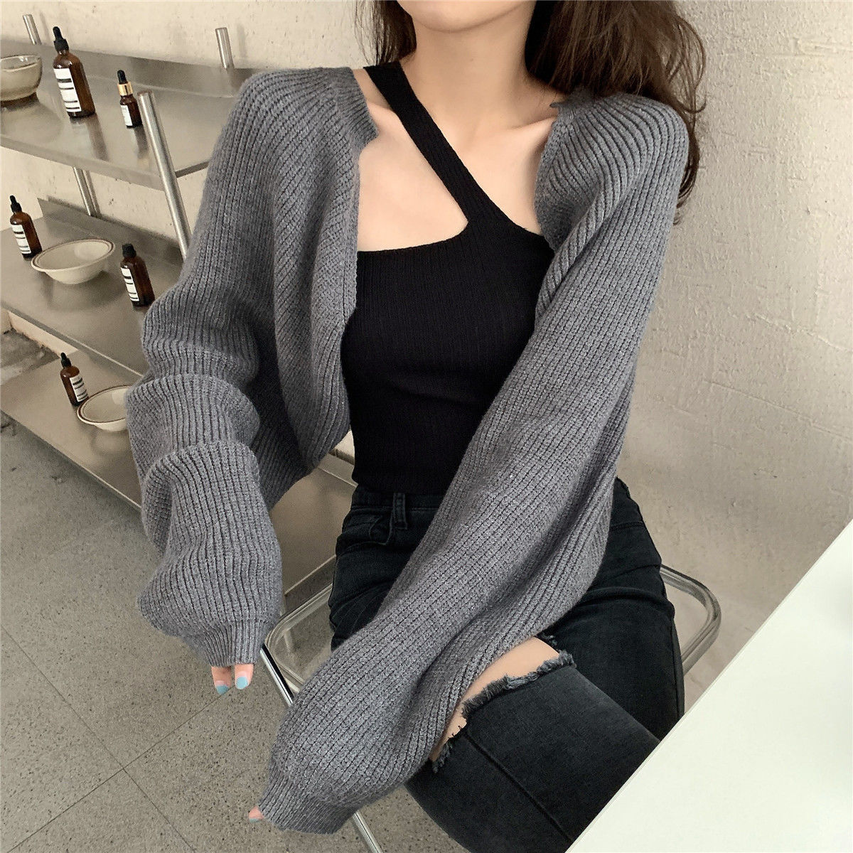

Women' Knits Tees Woman Sweaters Cardigan Autumn Black Short Knitted Sweater Coat Loose Long Sleeves Outer Match Knitwear Top 221206, Grey sweater