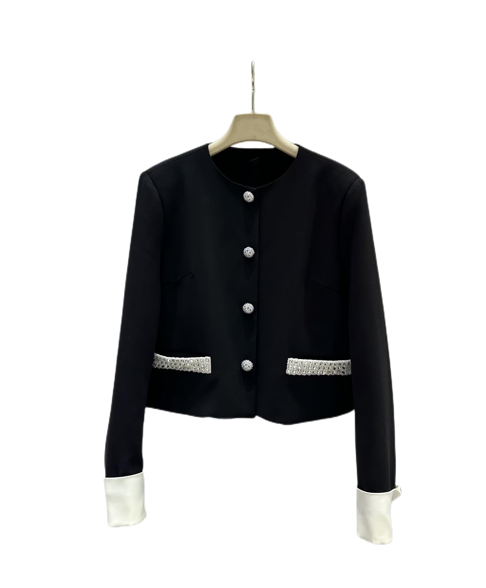 

23 early spring new super flash water drill button round neck black jacket coat, Customize