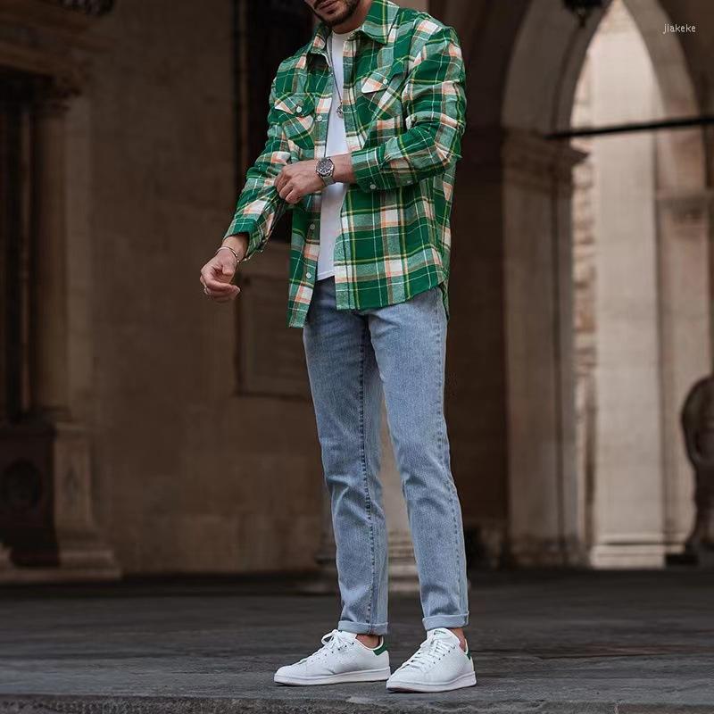 

Men' Casual Shirts Men' Shirt Top Spring Autumn Plaid Pocket Stitching Women Long Sleeve Single-Breasted Turn-down Collar Loose, Green