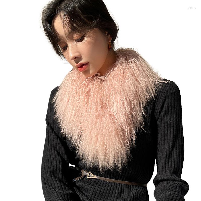 

Scarves 2022 Mongolian Lamb Fur Women Winter Thick Warm Real Wool Shawl Natural Muffler Snood TZ8637