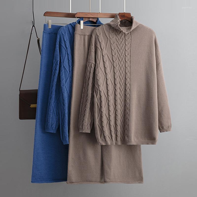 

Women's Two Piece Pants Knit Set Sweater Women Casual Loose Solid High Collar Knitted Suit Pullover Wide Leg Trouser, Black