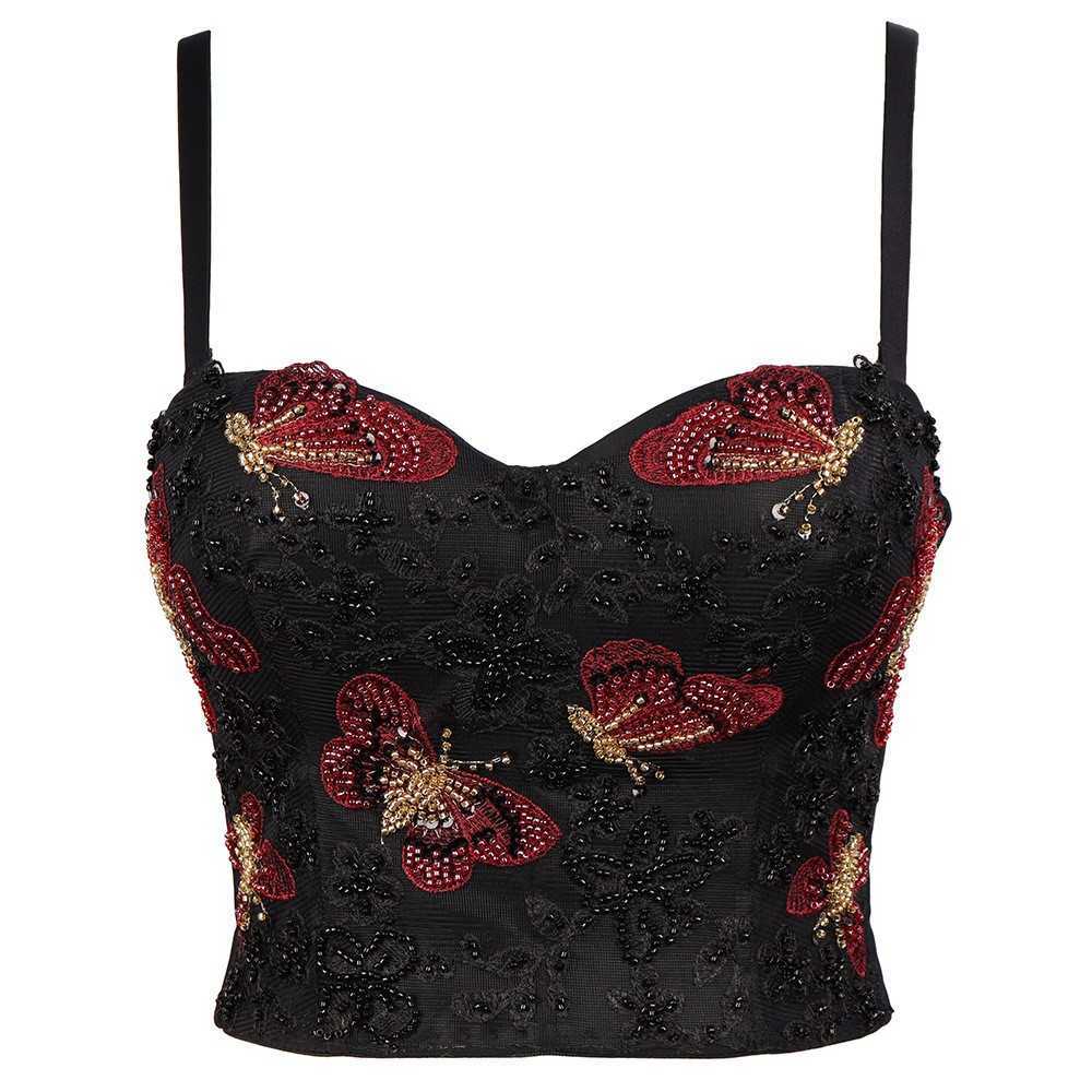 

Short bra and navel revealing top women's summer nail bead suspender vest French dress sexy hot girl Butterfly Bead Embroidery breast, Black background;red black