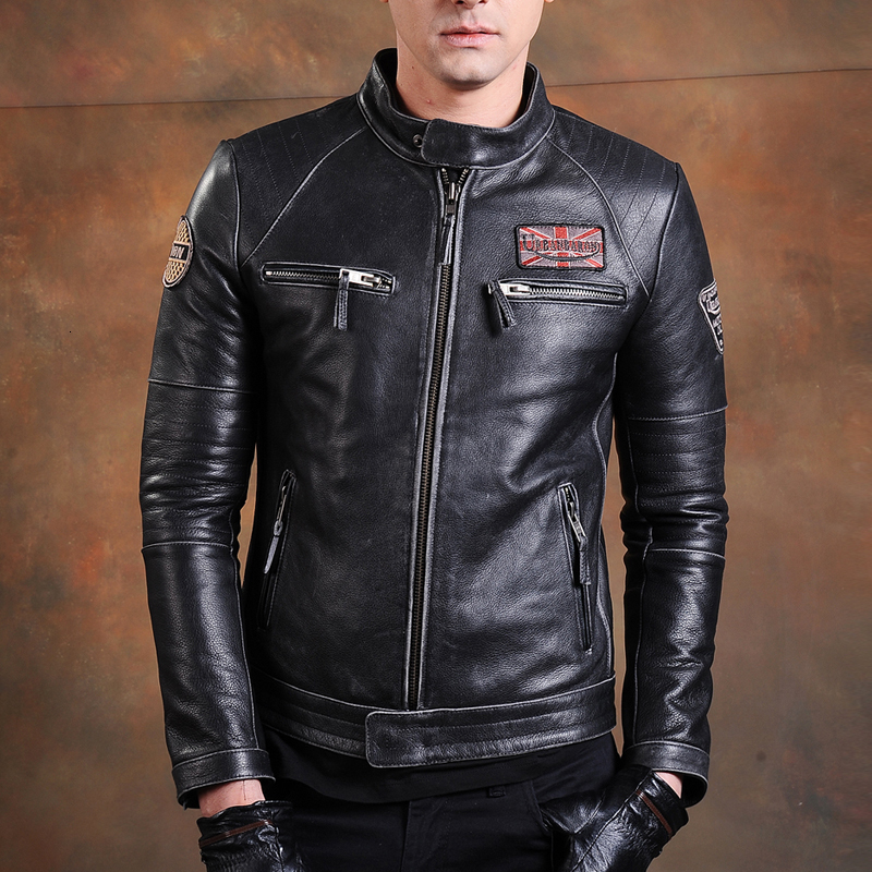 

Men's Leather Faux Fashion Biker Jackets Vintage Genuine Jacket Slim 100% Natural Cowhide Coat Real Motorcycle Clothing 221206, Pure black 1