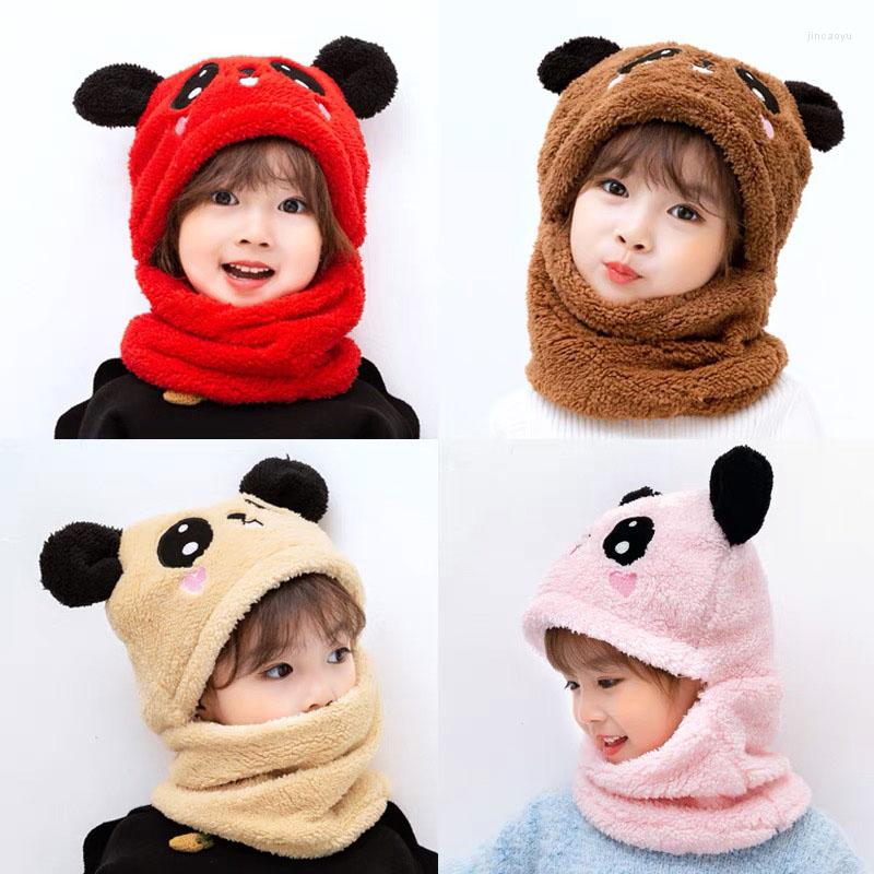 

Hair Accessories Winter Children Hat Plus Fleece Kids Caps Panda Cartoon With Scarf Set And Snood For Girls Child Hood Warm, C pink