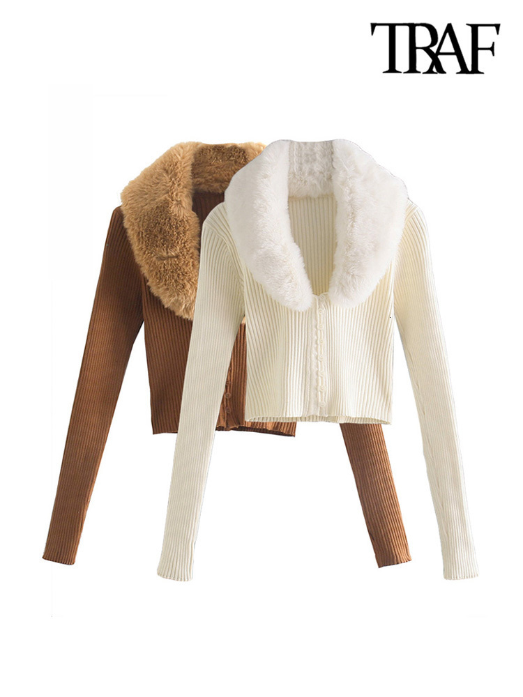 

Women' Knits Tees TRAF Women Fashion With Tie Faux Fur Collar Knit Cardigan Sweater Vintage Long Sleeve Fitted Female Outerwear Chic Tops 221207, Ivory