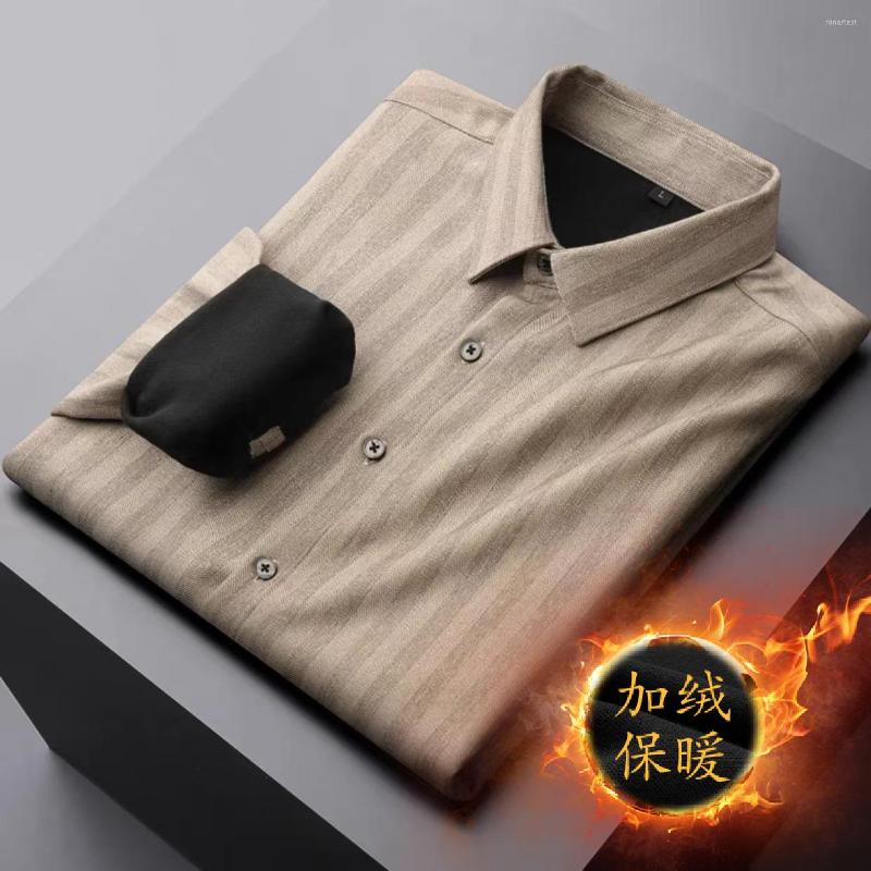 

Men's Casual Shirts Luxury High-grade Striped Shirt Men's Warm Plush Long Sleeved Autumn And Winter 2022 No Iron Versatile Business Top, Black