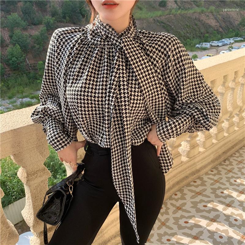 

Women's Blouses Houndstooth Shirt 2022 Spring Autumn Bow Bottoming Design Niche Plaid Top Graceful, Mixed