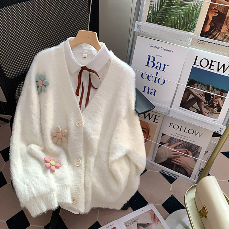 

Women  Knits Tees High Quality Faux Mink Cashmere Sweaters Cardiagn Autumn Winter Soft Coats Flower Puff Sleeve Sweater oversized knitted Jackets 221206, Pink