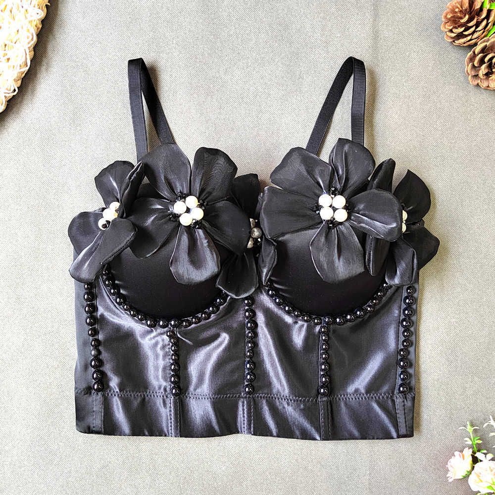 

Fresh sweet three-dimensional flower pearl sling with steel ring body shaping acetic acid color breast wrapping waist trimming small, Black4