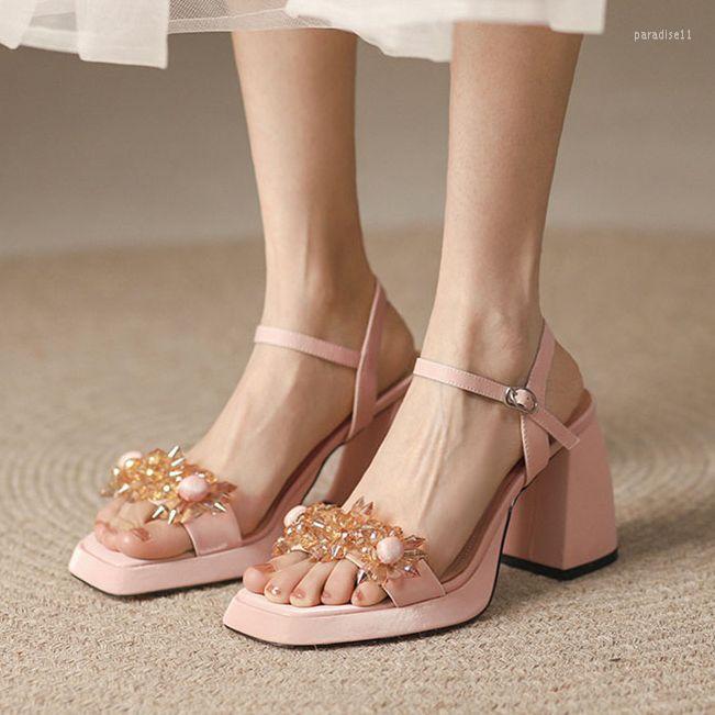 

Dress Shoes Square Toes Crystal Pink Black Platform Sandals Women Chunky High Heels Fashion Trendy Summer Ankle Strap