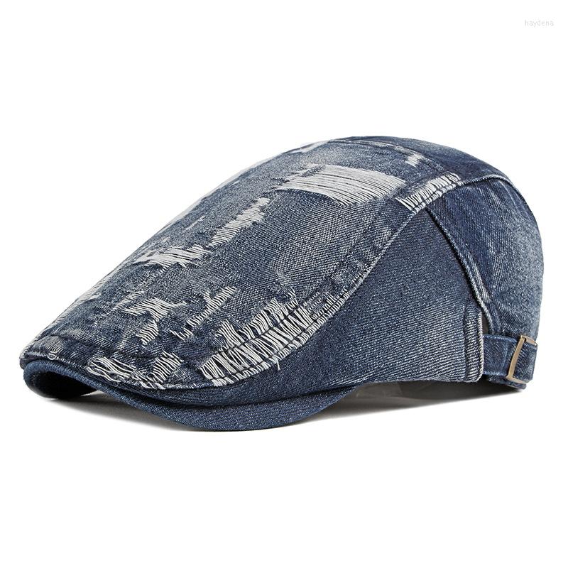 

Berets Fashion Cowboy Hats For Men Retro Hole Denim Sboy Cap Unisex Casual Cotton Beret Hip Hop Flat Casquette Gorras, Black