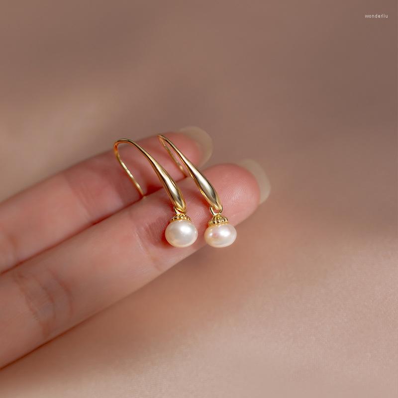 

Dangle Earrings 18K Gold Plating Authentic 925 Sterling Silver Jewelry Freshwater Button Pearl Hook Long C-M00423