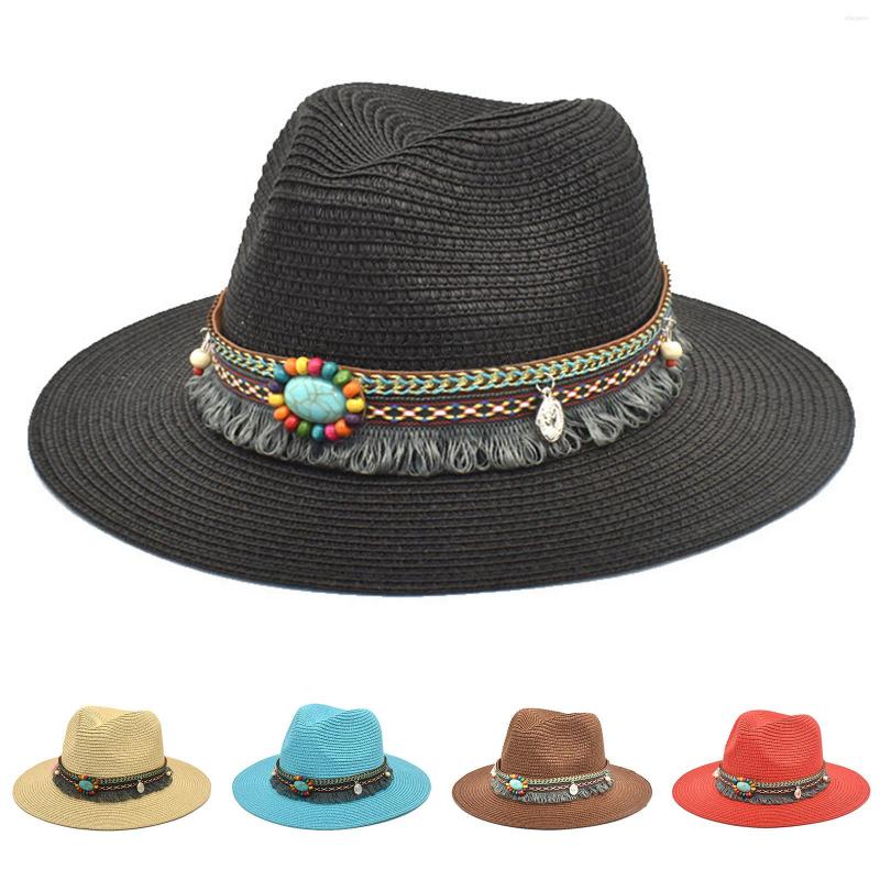 

Berets Adults Unisex Retro Western Cowboy Riding Hat Leather Belt Wide Cap Straw, Black