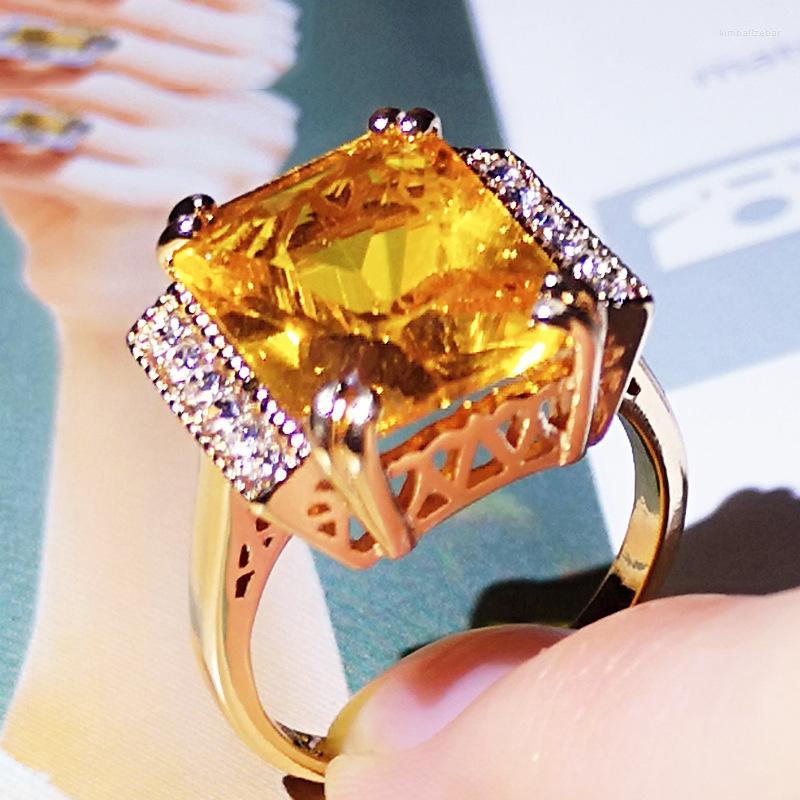 

Wedding Rings Big Square Zircon Engagement Ring Luxury Female Champagne Crystal Stone Charm Silver Color Bride For Women