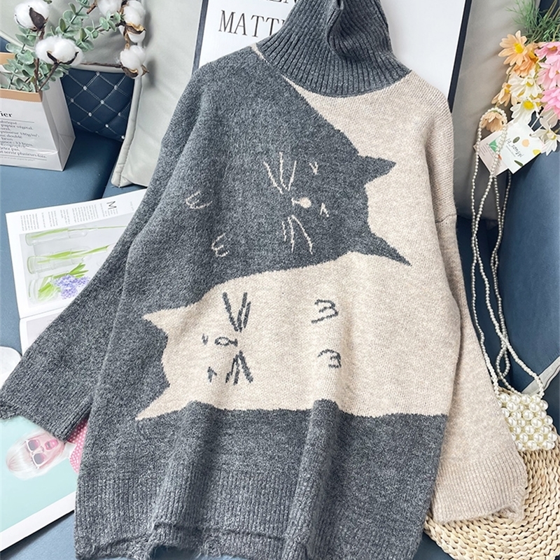 

Women s Sweaters Y2k Oversized Sweater Cat Jacquard Knitted Pullovers Autumn Winter Girls Kawaii Turtleneck Jumper Lq songyi LQ9 221206, Gray