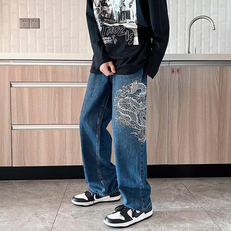 

Men' Jeans Fashion Loose Fit Embroidery Dragon High Street Straight Leg Handsome Pants For Boys, Blue