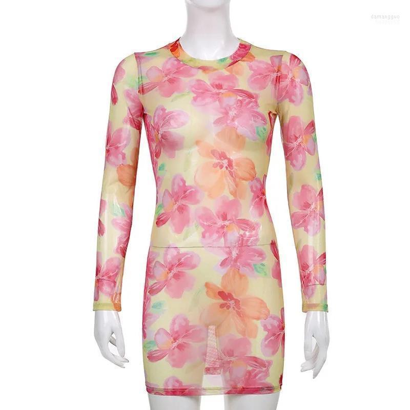 

Casual Dresses SURUFENG Mesh 2022 Floral Print Long Sleeve Dress Women Sexy See Through Summer Slim Beach Party Sheath Mini Bodycon, Mixed color