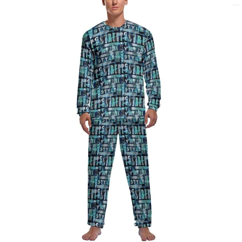 

Men' Sleepwear Word Graffiti Pajamas Man Urban Style Print Warm Nightwear Winter Long Sleeve 2 Piece Casual Graphic Pajama Sets, Style-19
