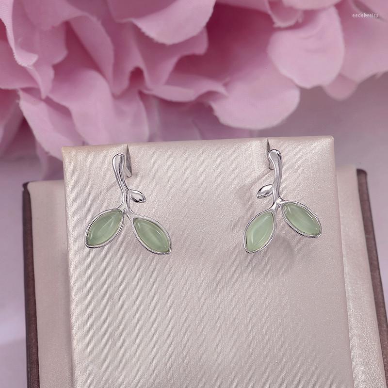 

Stud Earrings Fine Jewelry For Women 925 Silver Green Opals Natural Buds Leaves Gemstone Small Fresh Brincos E294