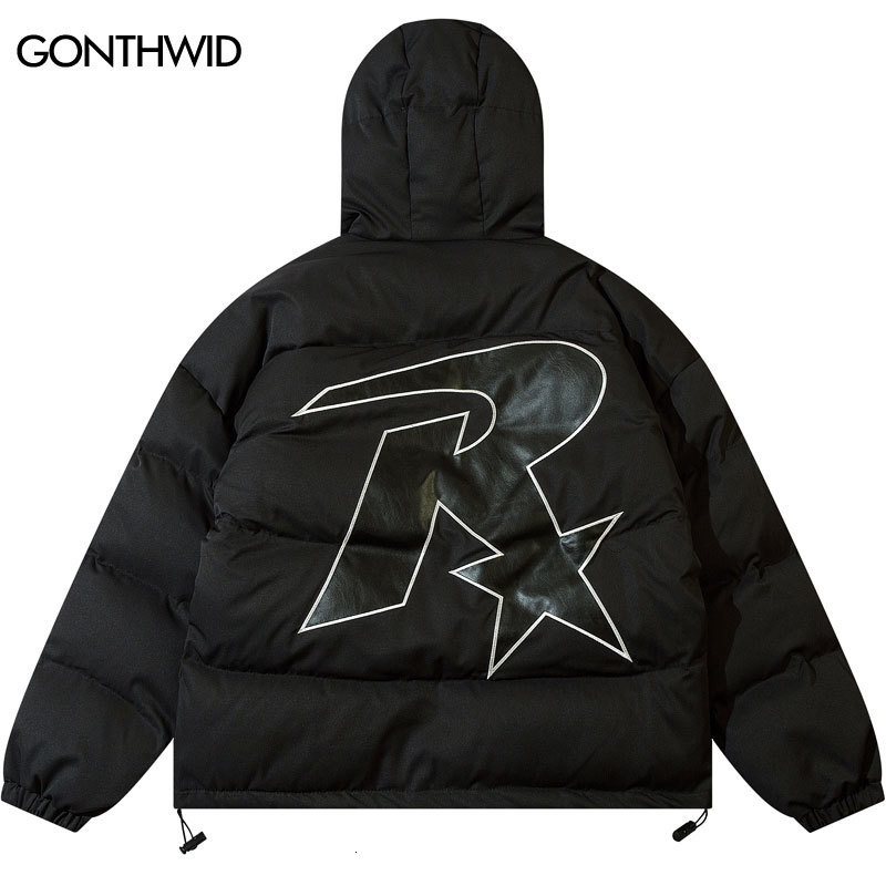 

Mens Down Parkas Winter Hooded Jacket Streetwear Harajuku Embroidery Star Thicken Warm Padded Bubble Coats Men Fashion Puffer Hood Jackets 221207, Black
